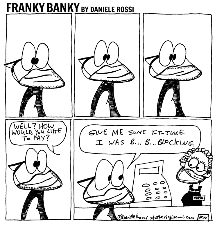 A comic strip in 5 panels. A cartoon fox named Franky Banky is seen wearing a mask in the first, second, and third panels but he doesn’t seem to be moving or saying anything. In the fourth panel, a voice asks Well, how would you like to pay? We find out in the fifth panel that Franky Banky is at the cashier in a grocery store. He stutters his reply to the cashier who is also wearing a mask, Give me some time I was blocking.