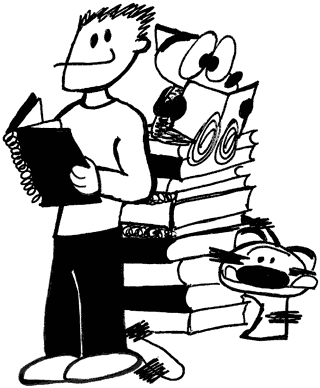 An illustration of the author standing next to a pile of sketchbooks. Franky Banky is sitting on top reading one of the books. Ti-Ger is sneaking around the bottom.