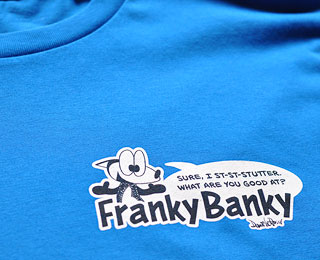 Close up of a t-shirt with a logo on it.