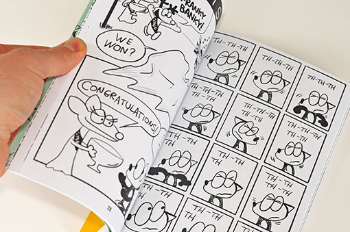 A page from a graphic novel of a cartoon fox stuttering his name.