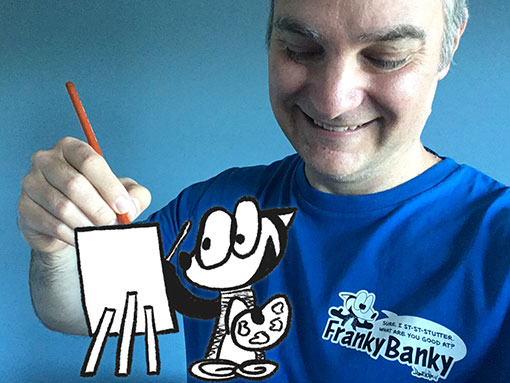 A man painting on a cartoon-drawn canvas with a cartoon fox helping