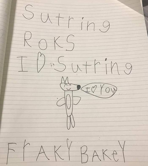 A child's drawing of Franky Banky, a fox, accompanied by writing reading "Stuttering rocks. I heart stuttering. Franky Banky."