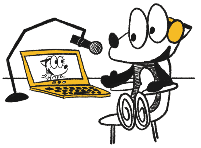 A cartoon fox wearing headphones and talking into a microphone while interacting with someone in a video chat on his laptop.