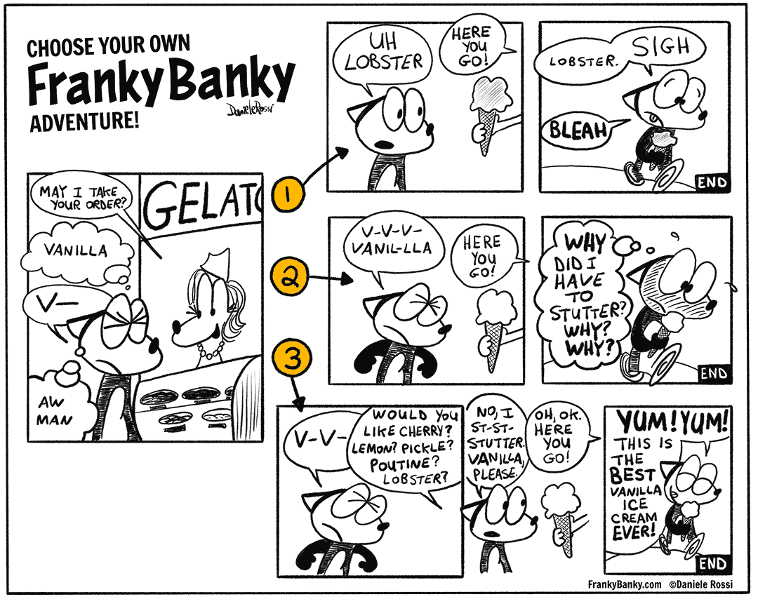 A choose-your-own adventure comic strip entitled, “Choose your own Franky Banky adventure!”. A female fox cartoon tending to her gelato stand asks a male customer named Franky Banky, “may I take your order?”. Franky Banky wants to say vanilla but he stutters his order. He is thinking to himself, “aw man”. </p>
<p>There are three next step scenarios he can take. The first is he says, “uh, lobster” to which the girl at the counter says “Here you go!” as she hands him a lobster ice cream cone. In the next panel, Franky Banky is walking away eating the ice cream but is disgusted. “Lobster” he sighs to himself, “bleah”.</p>
<p>In the second scenario, he stutters his order, “va-va-vanilla”. The girl says, “here you go!” As she hands him a vanilla ice cream cone. In the next panel, Franky Banky walks away feeling embarrassed. “Why did I have to stutter? Why? Why?” He asks himself.</p>
<p>In the third scenario, Franky Banky stutters his order, “va-va-va” but is interrupted by the girl who asks “Would you like cherry? Lemon? Pickle? Poutine? Lobster?”. Franky Banky explains in the next chapter, “no, I stub stub stutter. Vanilla, please”. The girl says, “Here you go!” as she hands him a vanilla ice cream cone. In the next panel, Franky Banky is happily eating his ice cream and saying “Yum! Yum! This is the best vanilla ice cream ever!”