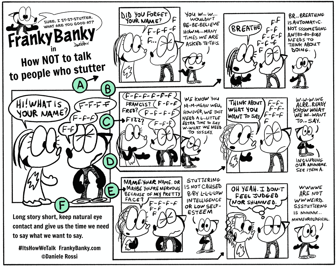 A mess of a comic strip! </p>
<p>A comic strip in 7 panels that is more like an infographic.</p>
<p>Entitled, How not to talk to people who stutter, the comic begins with a female fox asking a male fox, Hi, what is your name?. The male fox, named Franky Banky, begins to reply but it stuttering. </p>
<p>The following six scenarios take place.</p>
<p>Scenario A, the girl asks, did you forget your name? Next to this panel is Franky Banky saying to the reader, you wouldn’t believe how many times we are asked this. </p>
<p>Scenario B, the girl tells Franky Banky too breathe. Next to this panel is Franky Banky saying to the reader, breathing is automatic. Not something anybody needs to think about doing.</p>
<p>Scenario C, the girl tries to guess by asking Francis? Fred? Fizz? Next to this panel is Franky Banky saying to the reader, we know you mean well, however, we just need a little extra time to say what we need to say.</p>
<p>Scenario D, the girl says, think about what you want to say. Next to this panel is Franky Banky saying to the reader, we already know what we want to say. Including our name. Re-read item A.</p>
<p>Scenario E, the girl says, Name. Your name. Or maybe you’re nervous because of my pretty face? Next to this panel is Franky Banky saying to the reader, stuttering is not caused by low intelligence or low self-esteem.</p>
<p>Scenario F, the girl gives Franky Banky a funny look. Next to this panel is Franky Banky saying to the reader, we are not weird. Stuttering is neurological.</p>
<p>Near the bottom of the comic is a summary saying Long story short, keep natural eye contact and give us the time we need to say what we want to say. Followed by the it’s how we talk hashtag and the franky banky dot com website address.