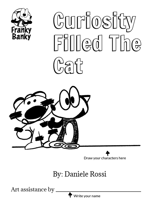 A comic book entitled "Curiosity Filled The Cat" featuring a smiling cartoon fox and tiger.