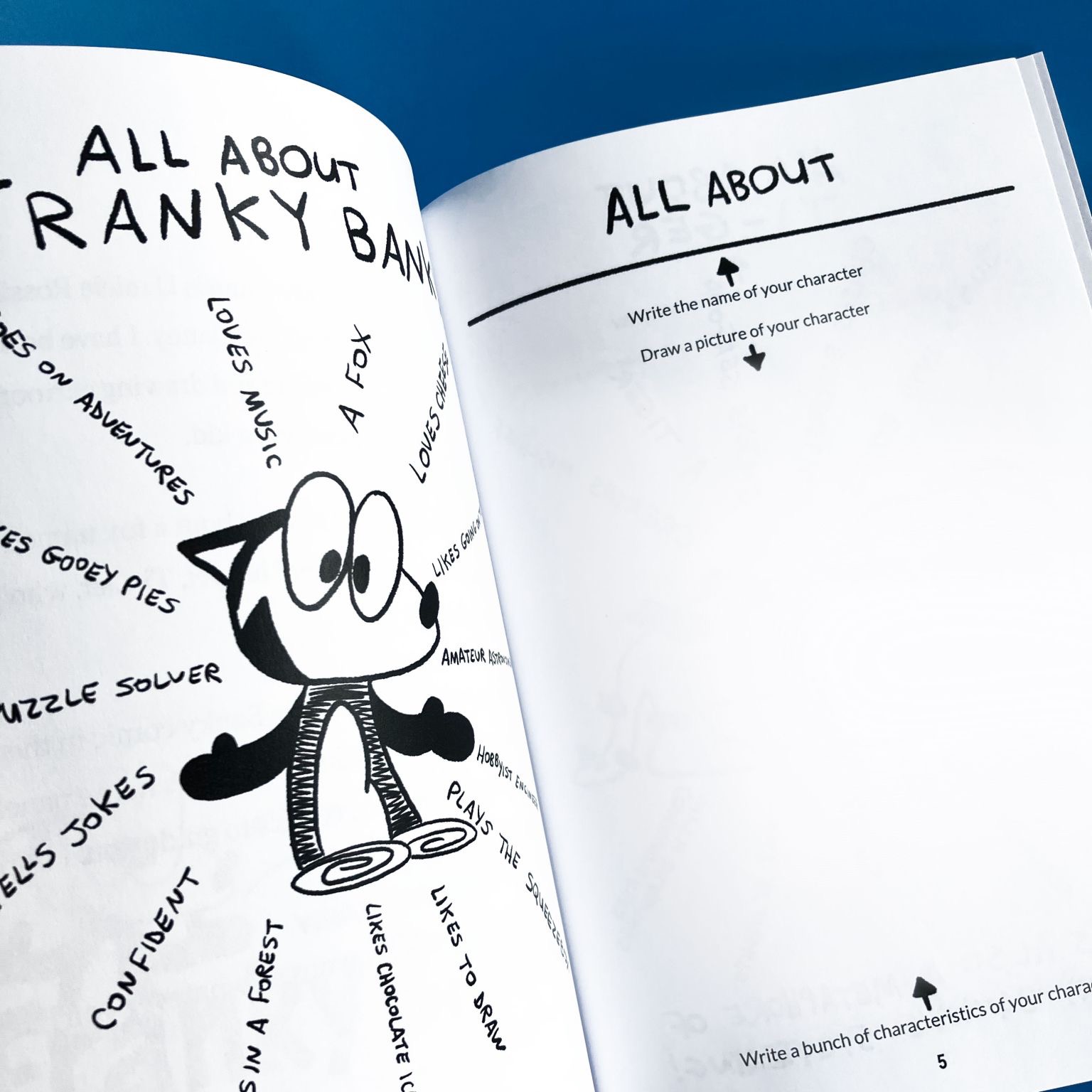 A page a comic book listing the characteristics of the cartoon fox protagonist. The opposite page provides blank space for the reader to draw their own cartoon character along with a list of characteristics.