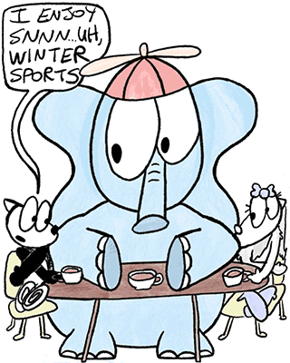 A comic strip in 9 panels. In the first, Franky Banky, a cartoon fox, is on a coffee date. Between him and his date is a large elephant taking up a lot of space causing everyone to be squished. Franky Banky is saying “I enjoy snnnn… uh, winter sports.