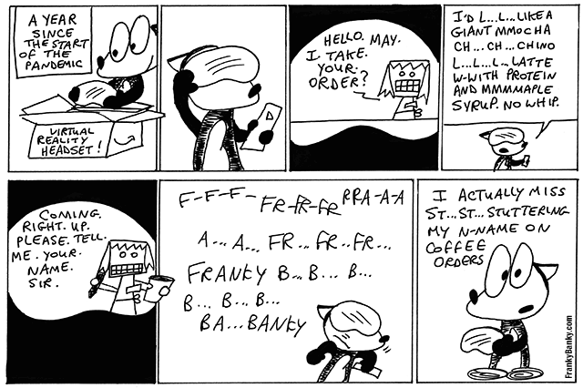 A comic strip of Franky Banky ordering coffee in a virtual reality coffee shop.
