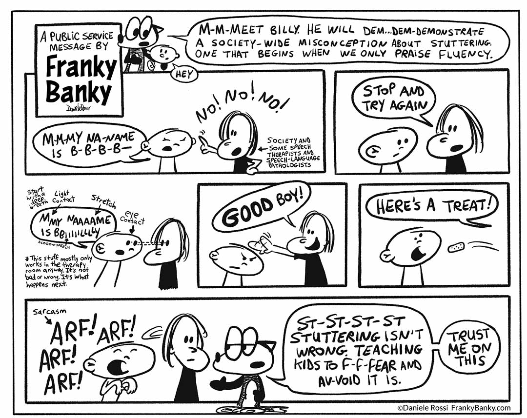 A comic strip in seven panels about the perils of rewarding fluency.